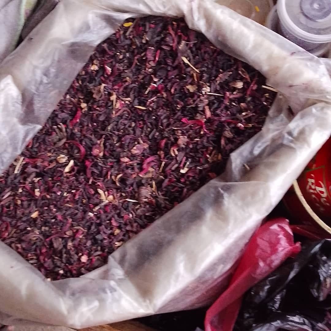 A sack of dried hibiscus petals for zobo
